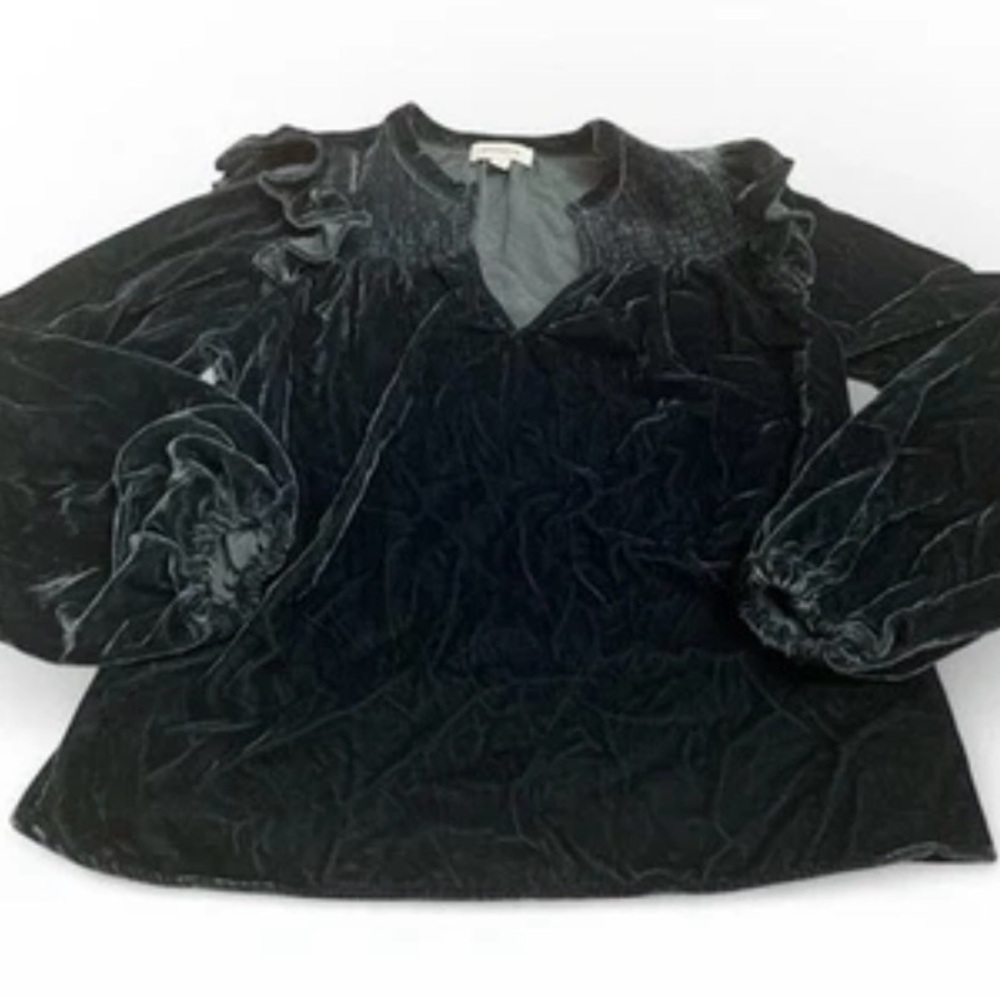 Evereve Womens Velvet Smocked Ruffle Top Size S Blue Long Sleeve